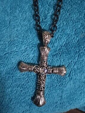 Silver Tone Ornate Cross Pendant Necklace On Black Chain With Accents At Clasp